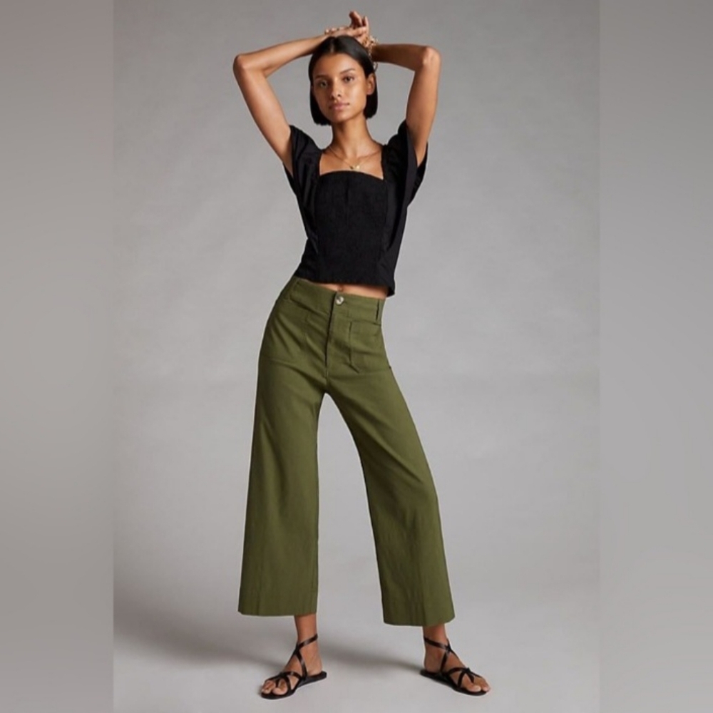 Anthropologie Maeve Army Green Colette Wide Leg Pant Size 26 Linen Edition